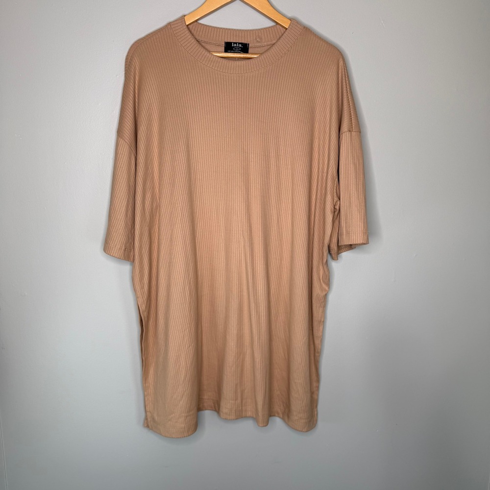 Lala. Wear What Makes You Happy Ribbed T-Shirt Dress L  Tan Side Slits USA
